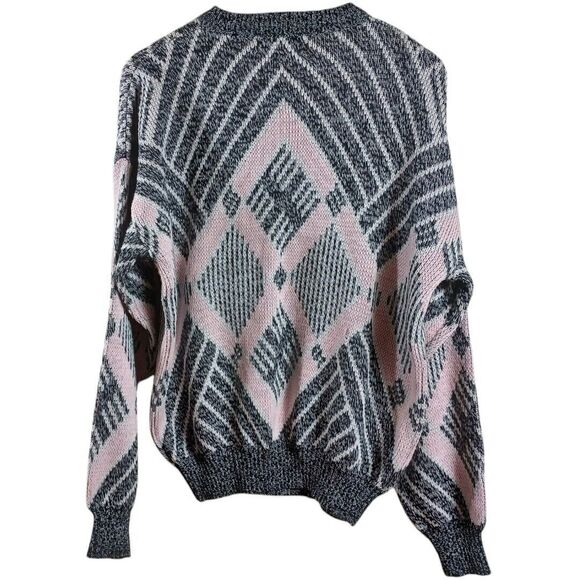 Vtg Alvin Josef Y2K 90s Womens Argyle Leather Patch Knit Sweater Pink Grey Sz XL - Picture 6 of 8
